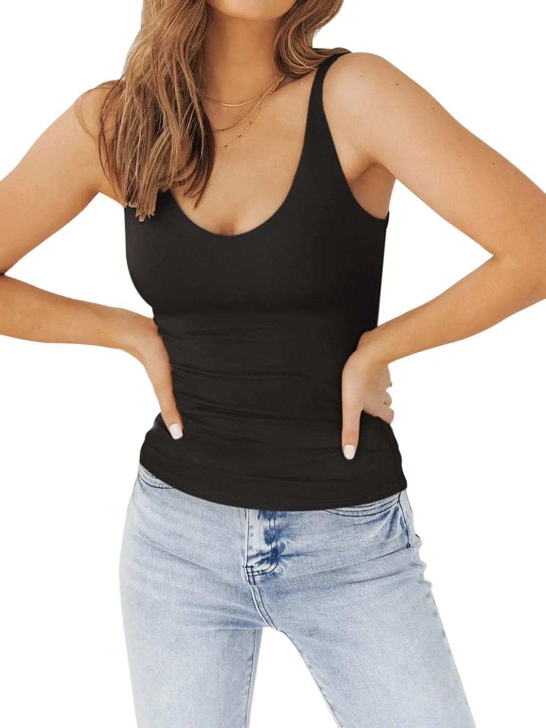 PINKMSTYLE Womens Basic Double Lined V Neck Tank Tops Slimming Workout Summer Tops Sleeveless Shirts