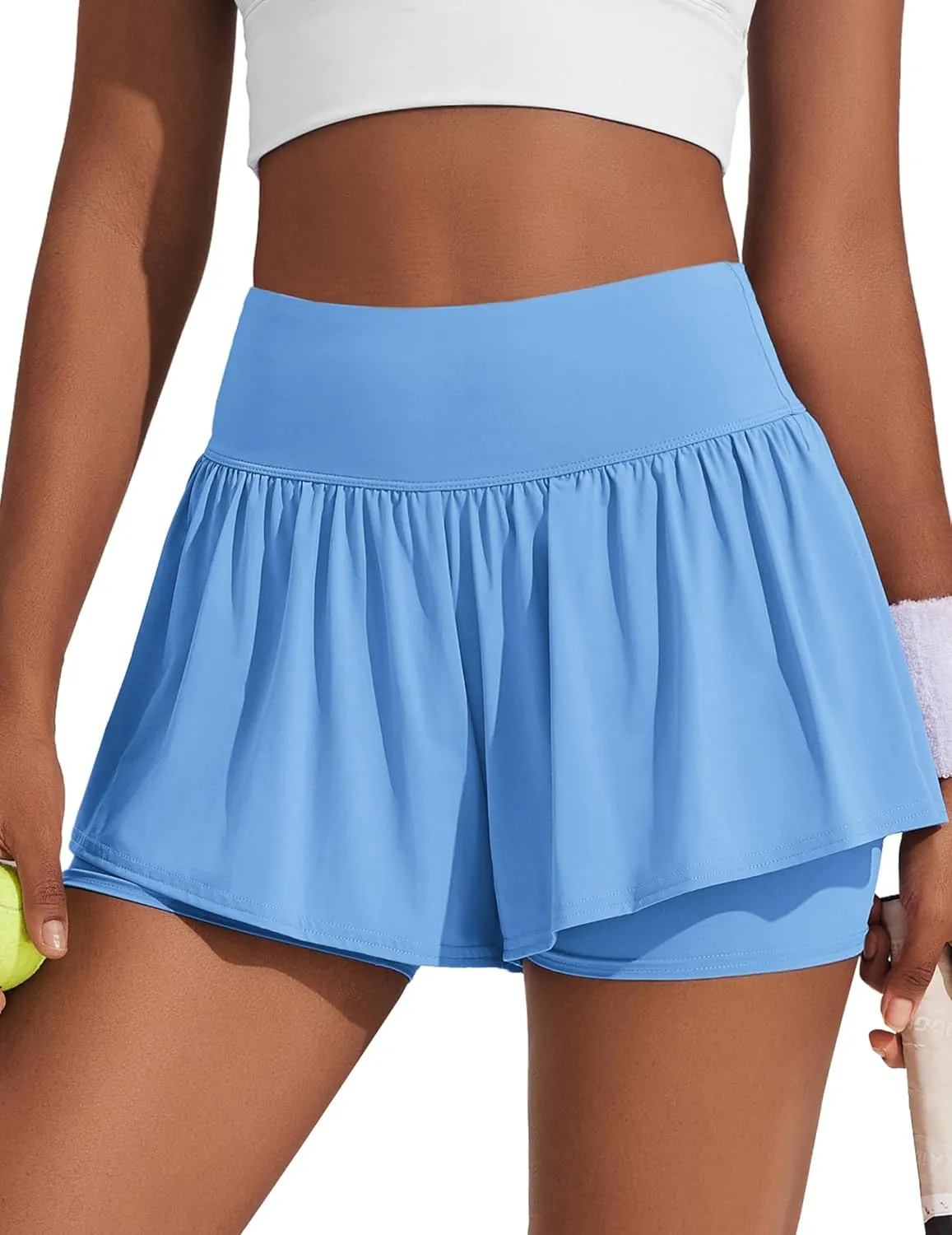 PINSPARK 2 in 1 Running Shorts for Women Flowy Athletic Short Workout Gym Tennis Skirts High Waisted with Pockets