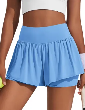 PINSPARK 2 in 1 Running Shorts for Women Flowy Athletic Short Workout Gym Tennis Skirts High Waisted with Pockets