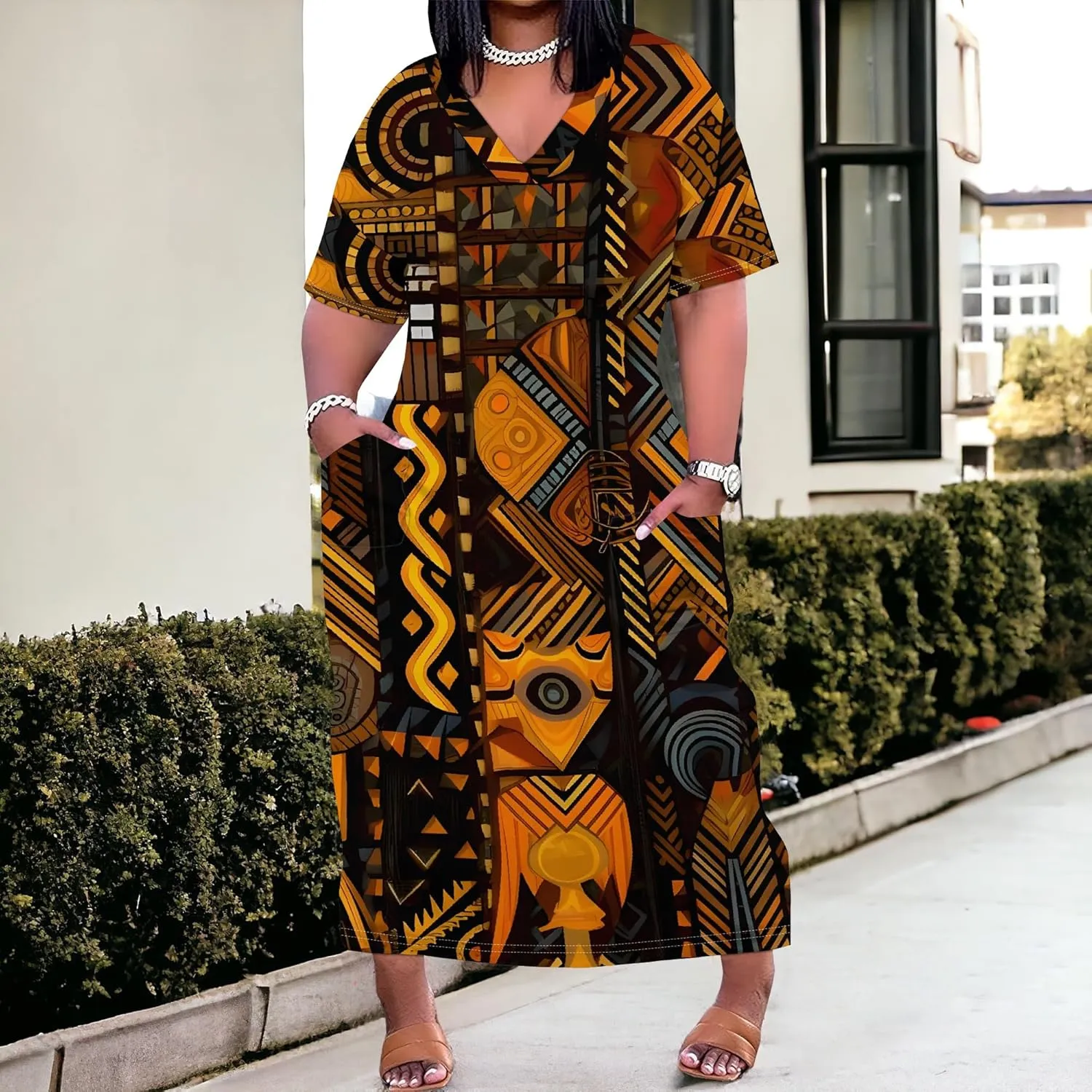 Plus Size Printed Tie-Dye Maxi Dress for Curvy Women V-Neck African Ethnic Style Dress Short Sleeves with Pockets