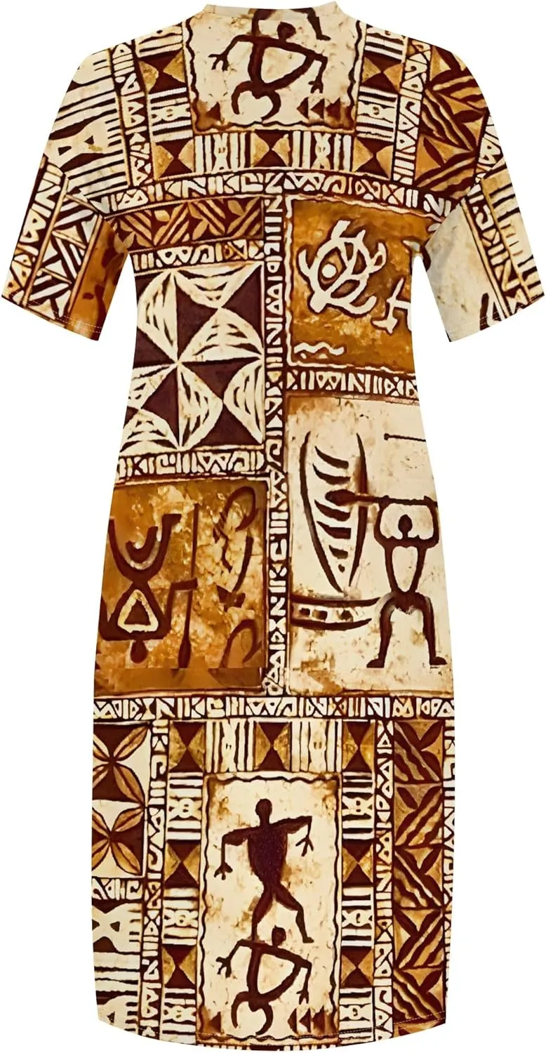 Plus Size Printed Tie-Dye Maxi Dress for Curvy Women V-Neck African Ethnic Style Dress Short Sleeves with Pockets