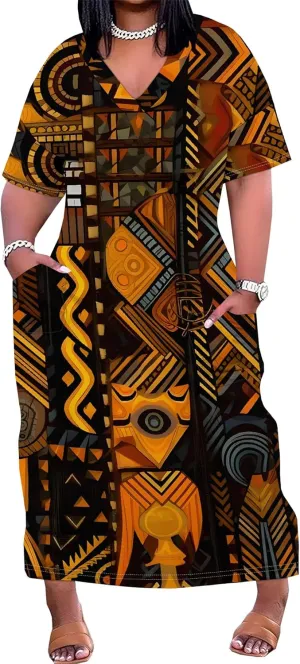 Plus Size Printed Tie-Dye Maxi Dress for Curvy Women V-Neck African Ethnic Style Dress Short Sleeves with Pockets