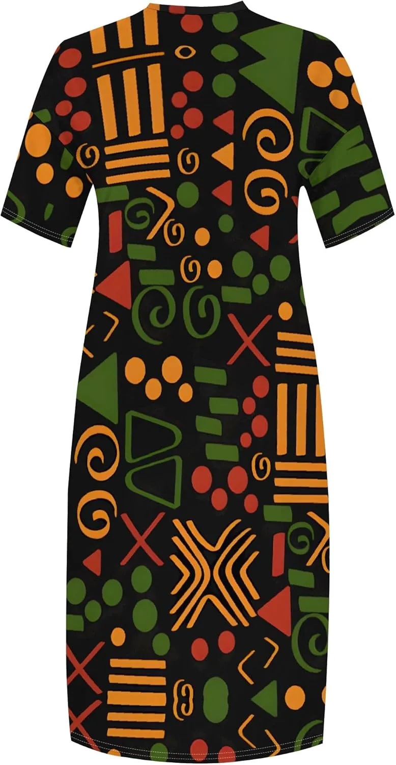 Plus Size Printed Tie-Dye Maxi Dress for Curvy Women V-Neck African Ethnic Style Dress Short Sleeves with Pockets