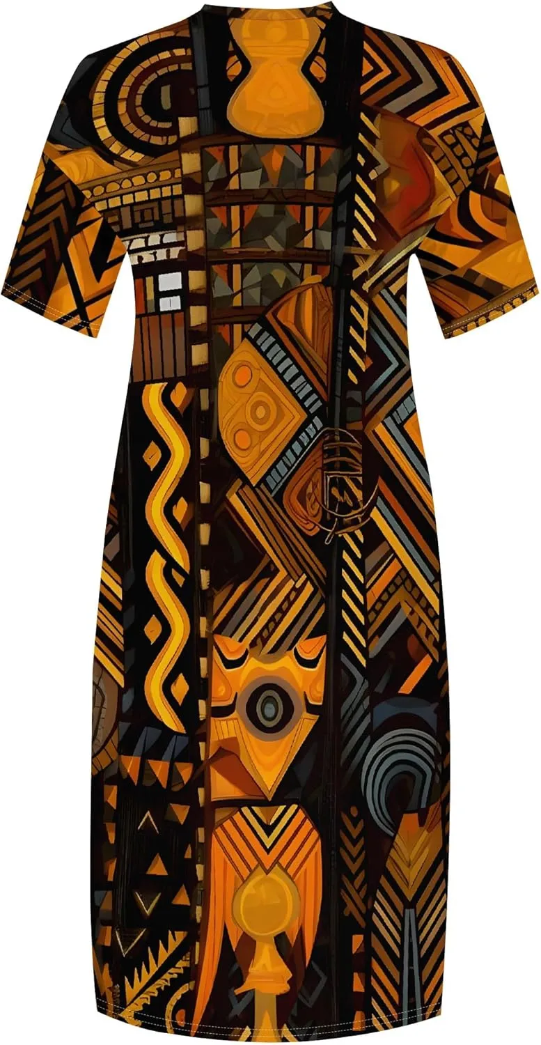 Plus Size Printed Tie-Dye Maxi Dress for Curvy Women V-Neck African Ethnic Style Dress Short Sleeves with Pockets