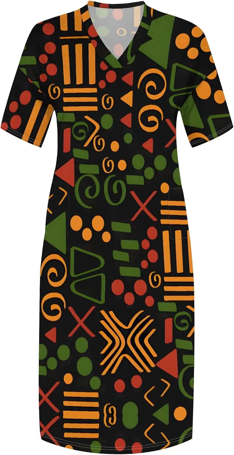 Plus Size Printed Tie-Dye Maxi Dress for Curvy Women V-Neck African Ethnic Style Dress Short Sleeves with Pockets