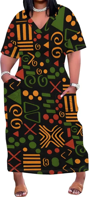 Plus Size Printed Tie-Dye Maxi Dress for Curvy Women V-Neck African Ethnic Style Dress Short Sleeves with Pockets