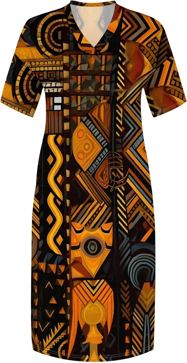 Plus Size Printed Tie-Dye Maxi Dress for Curvy Women V-Neck African Ethnic Style Dress Short Sleeves with Pockets