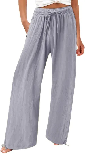 Plus Size Solid Relaxed Crinkle Pants Wide Leg Casual Summer High Waist Trousers Fashion Work Office Cropped Pant