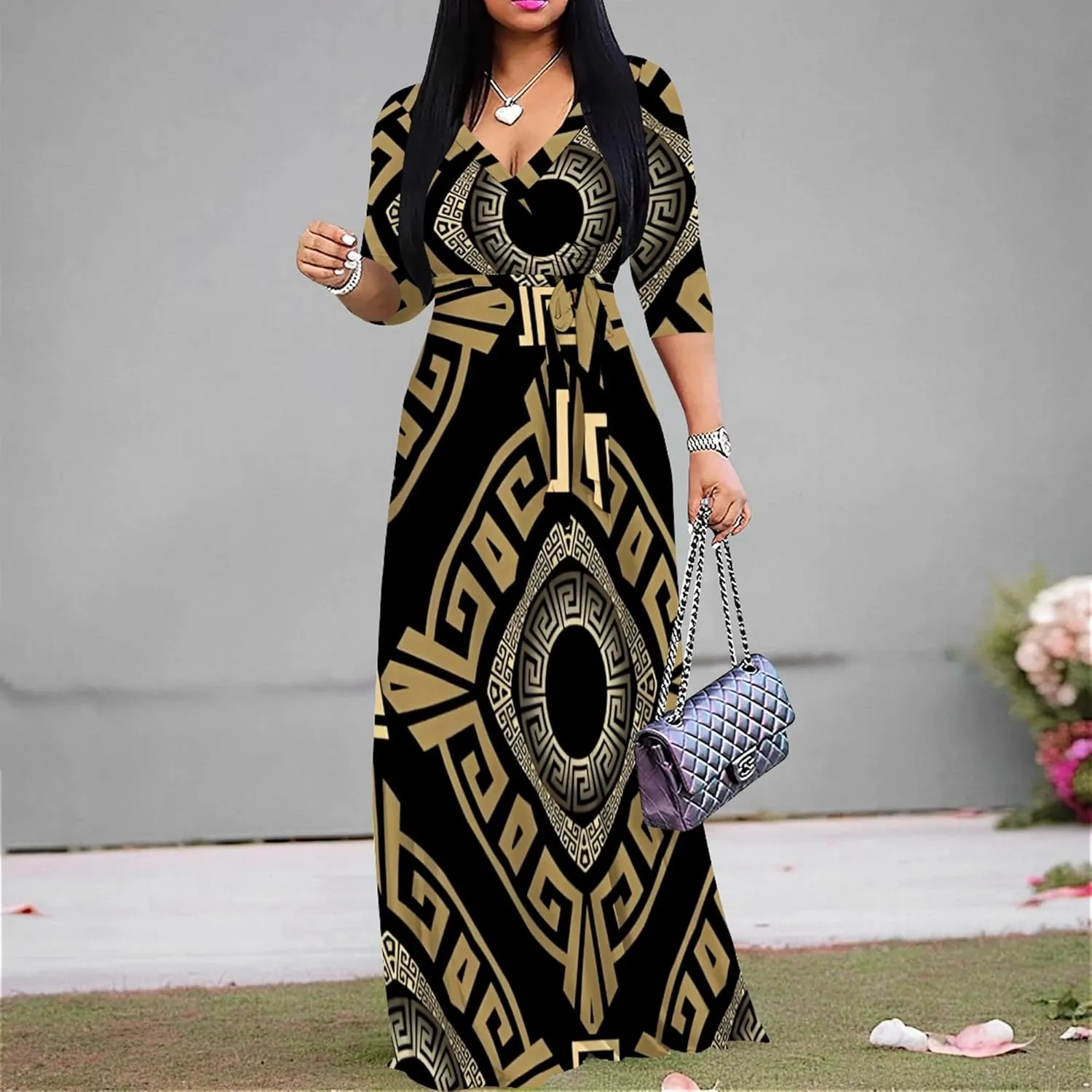 Plus Size Women's Maxi Dress Colorful Printed Maxi Dress African Tribal Style Autumn Casual Dress V Neck 3/4 Sleeves