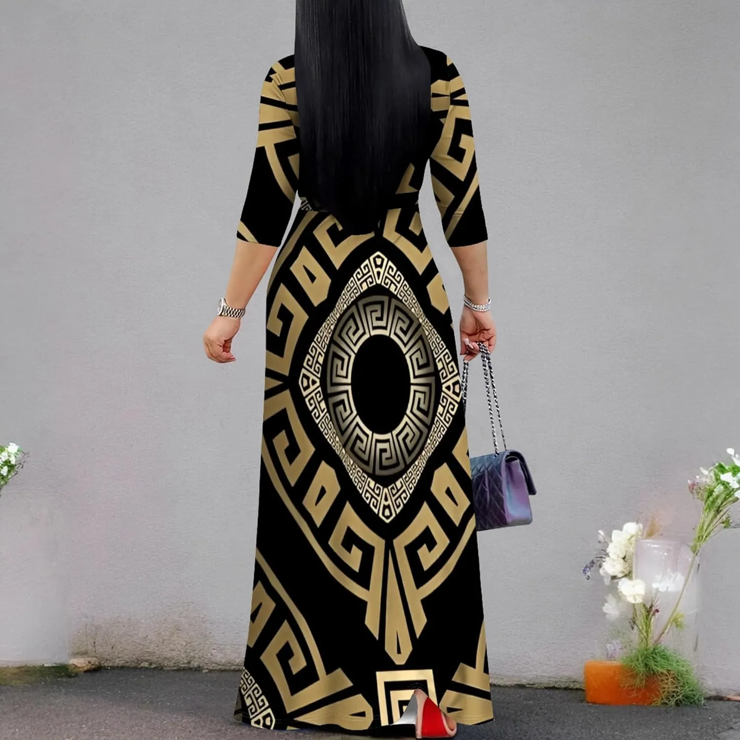 Plus Size Women's Maxi Dress Colorful Printed Maxi Dress African Tribal Style Autumn Casual Dress V Neck 3/4 Sleeves