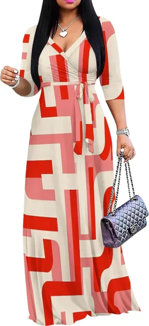 Plus Size Women's Maxi Dress Colorful Printed Maxi Dress African Tribal Style Autumn Casual Dress V Neck 3/4 Sleeves