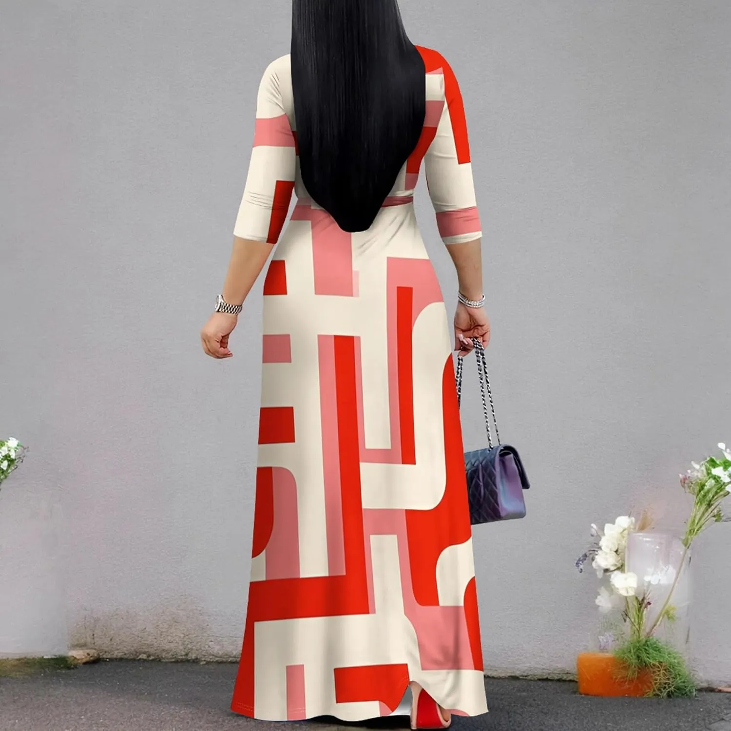 Plus Size Women's Maxi Dress Colorful Printed Maxi Dress African Tribal Style Autumn Casual Dress V Neck 3/4 Sleeves