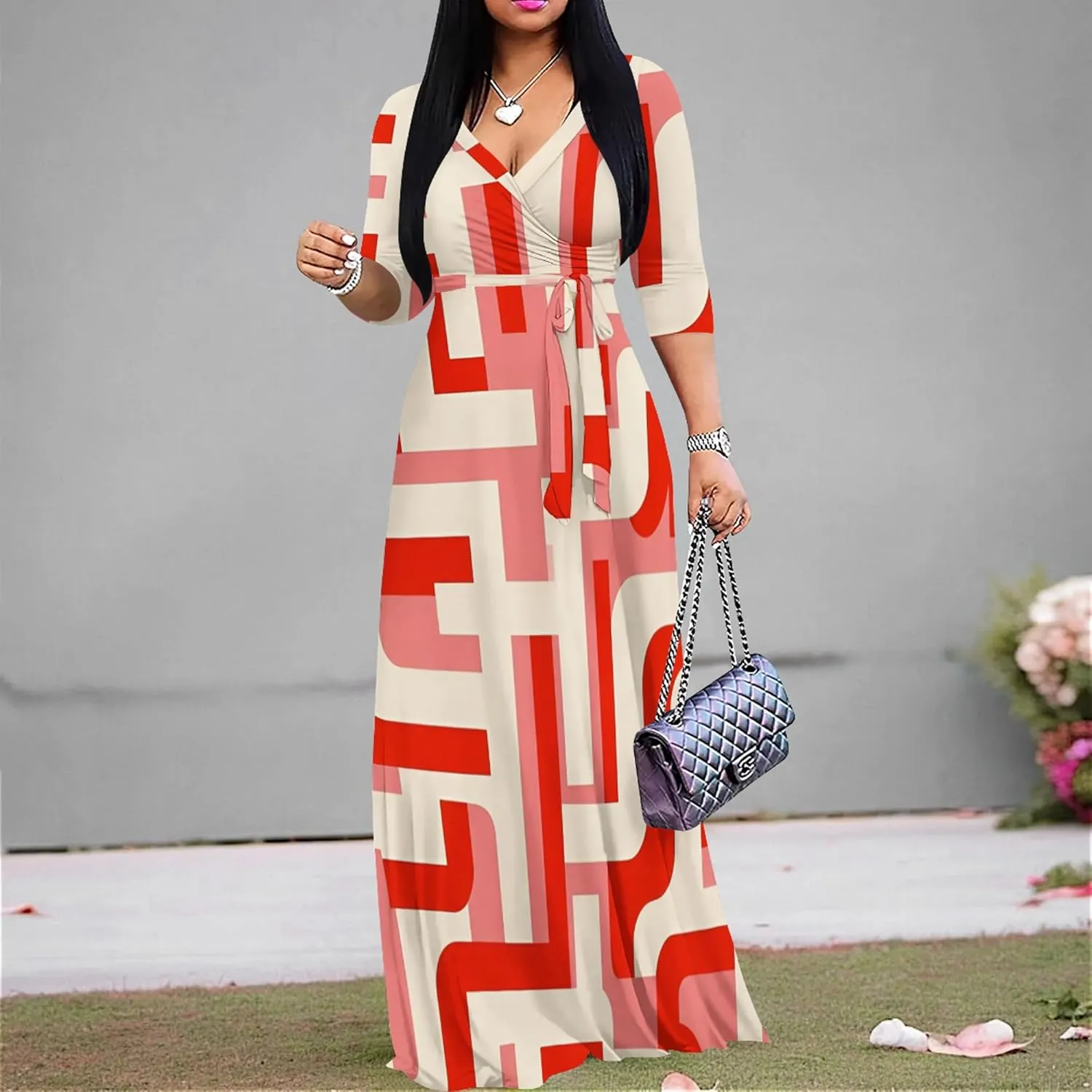 Plus Size Women's Maxi Dress Colorful Printed Maxi Dress African Tribal Style Autumn Casual Dress V Neck 3/4 Sleeves