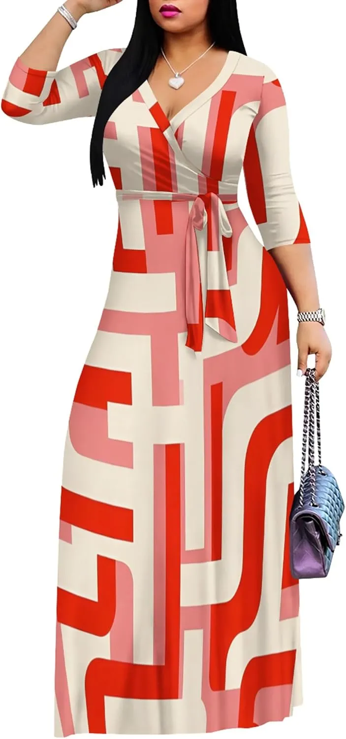 Plus Size Women's Maxi Dress Colorful Printed Maxi Dress African Tribal Style Autumn Casual Dress V Neck 3/4 Sleeves