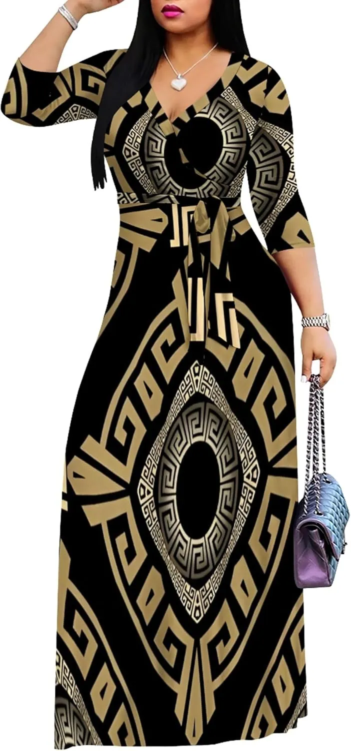 Plus Size Women's Maxi Dress Colorful Printed Maxi Dress African Tribal Style Autumn Casual Dress V Neck 3/4 Sleeves