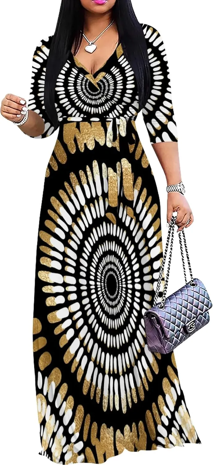 Plus Size Women's Maxi Dress Colorful Printed Maxi Dress African Tribal Style Autumn Casual Dress V Neck 3/4 Sleeves