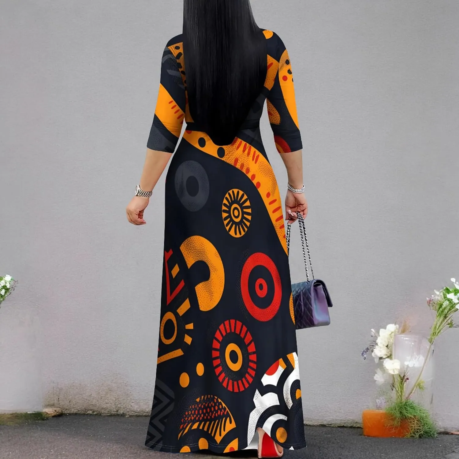 Plus Size Women's Maxi Dress Colorful Printed Maxi Dress African Tribal Style Autumn Casual Dress V Neck 3/4 Sleeves