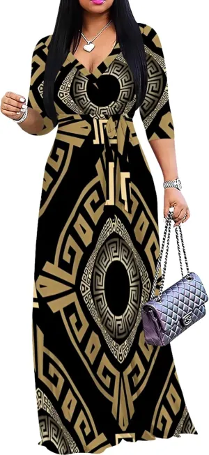 Plus Size Women's Maxi Dress Colorful Printed Maxi Dress African Tribal Style Autumn Casual Dress V Neck 3/4 Sleeves