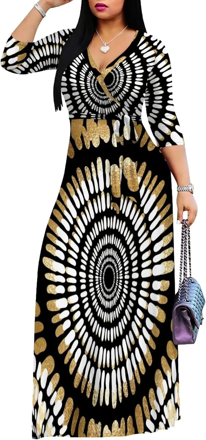 Plus Size Women's Maxi Dress Colorful Printed Maxi Dress African Tribal Style Autumn Casual Dress V Neck 3/4 Sleeves