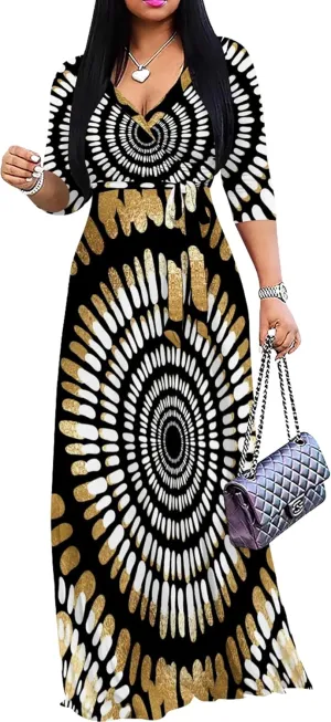 Plus Size Women's Maxi Dress Colorful Printed Maxi Dress African Tribal Style Autumn Casual Dress V Neck 3/4 Sleeves