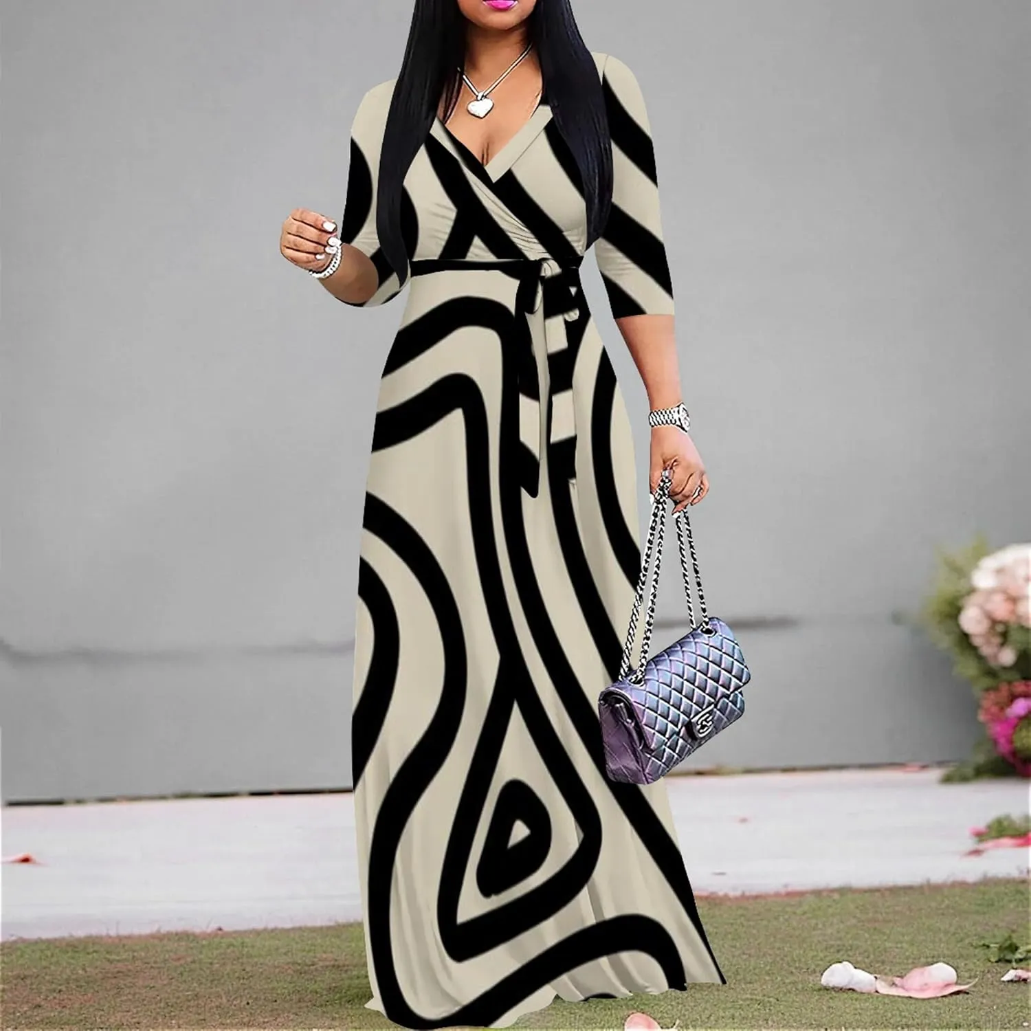 Plus Size Women's Maxi Dress Colorful Printed Maxi Dress African Tribal Style Autumn Casual Dress V Neck 3/4 Sleeves