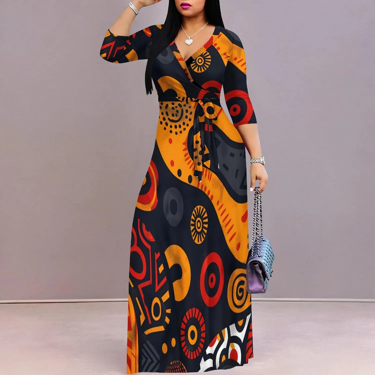 Plus Size Women's Maxi Dress Colorful Printed Maxi Dress African Tribal Style Autumn Casual Dress V Neck 3/4 Sleeves