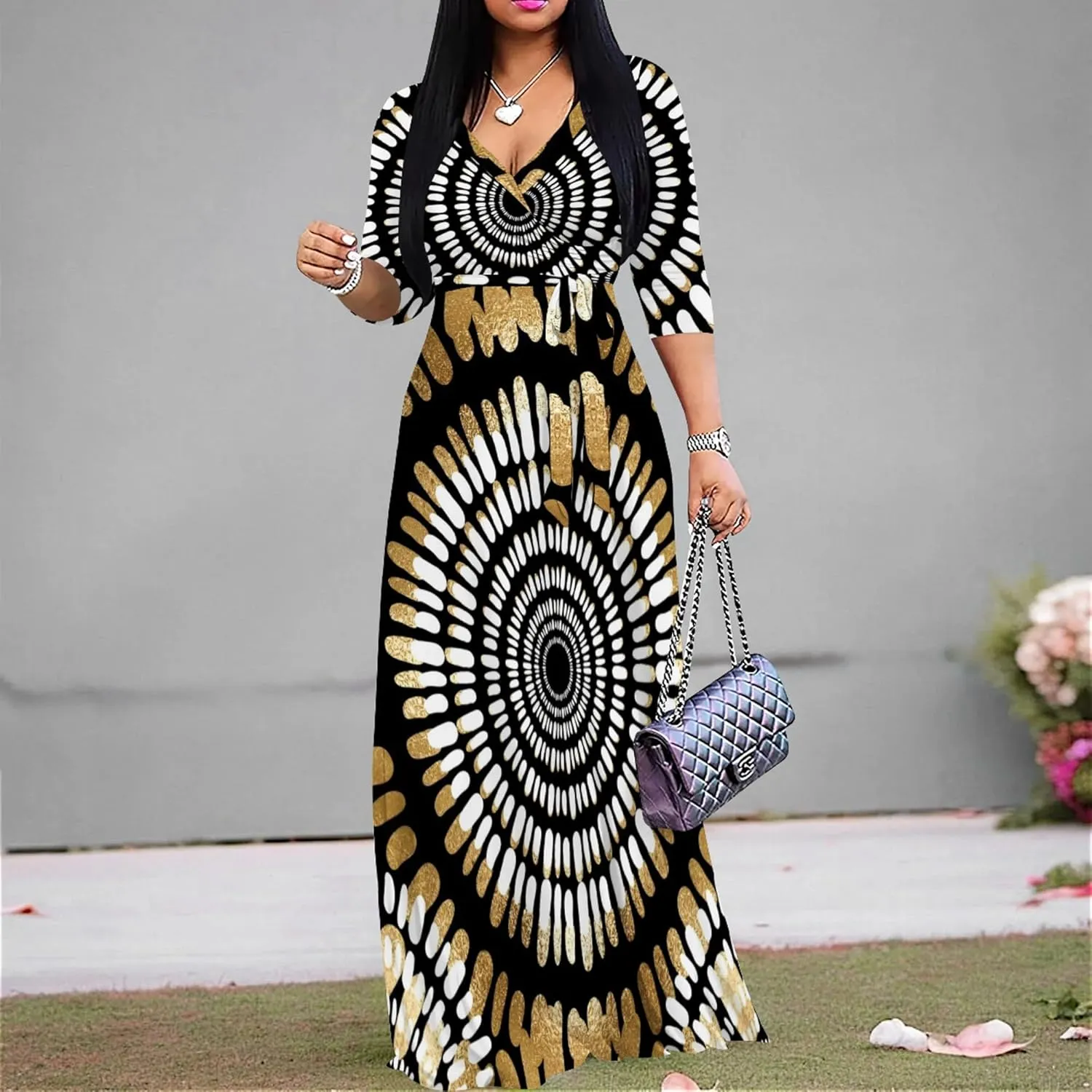 Plus Size Women's Maxi Dress Colorful Printed Maxi Dress African Tribal Style Autumn Casual Dress V Neck 3/4 Sleeves