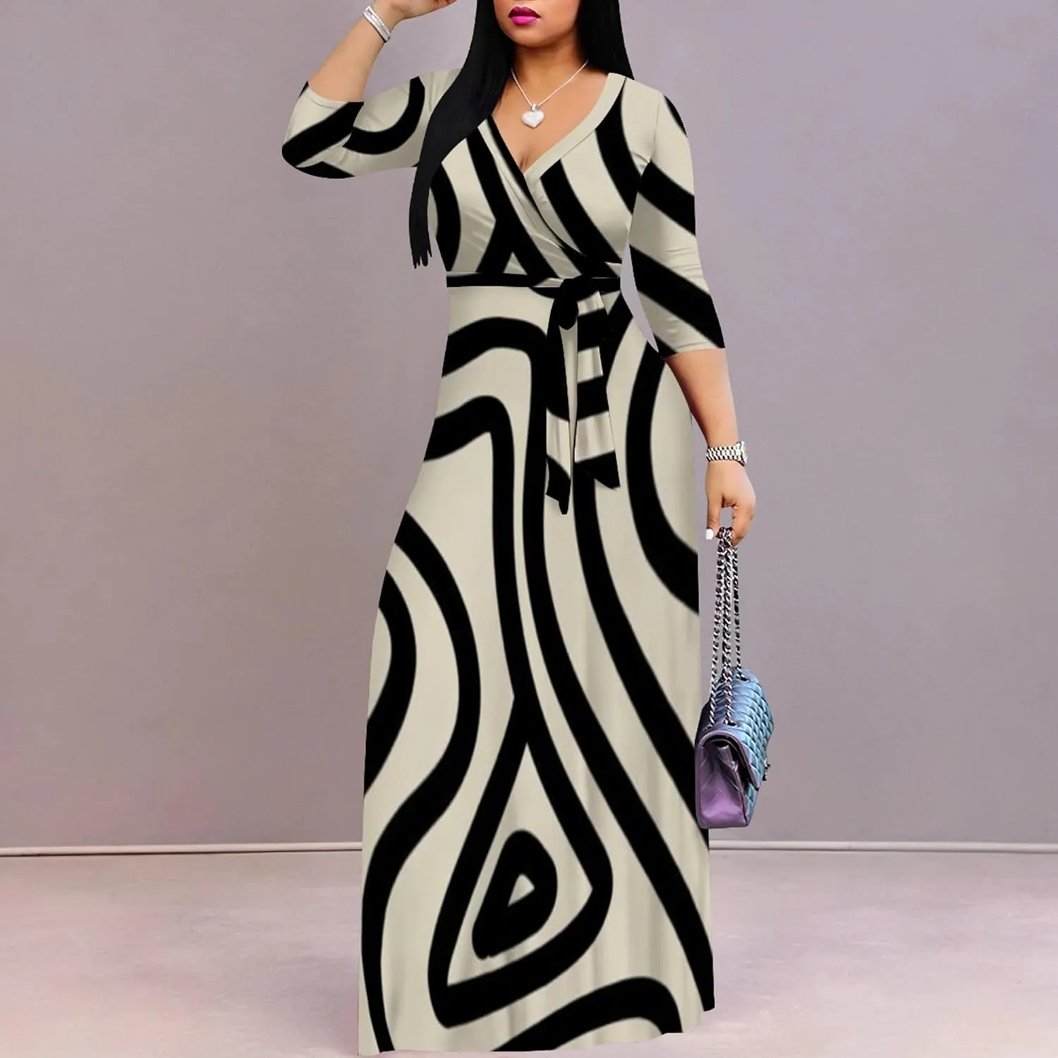 Plus Size Women's Maxi Dress Colorful Printed Maxi Dress African Tribal Style Autumn Casual Dress V Neck 3/4 Sleeves