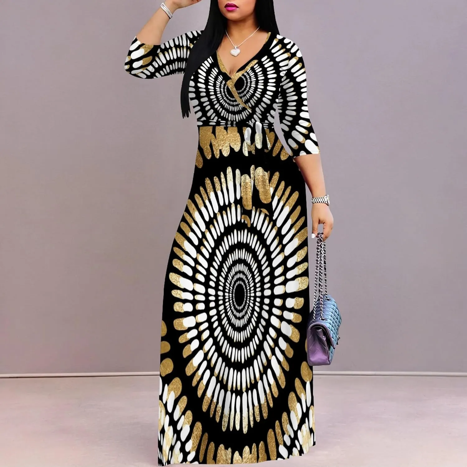 Plus Size Women's Maxi Dress Colorful Printed Maxi Dress African Tribal Style Autumn Casual Dress V Neck 3/4 Sleeves
