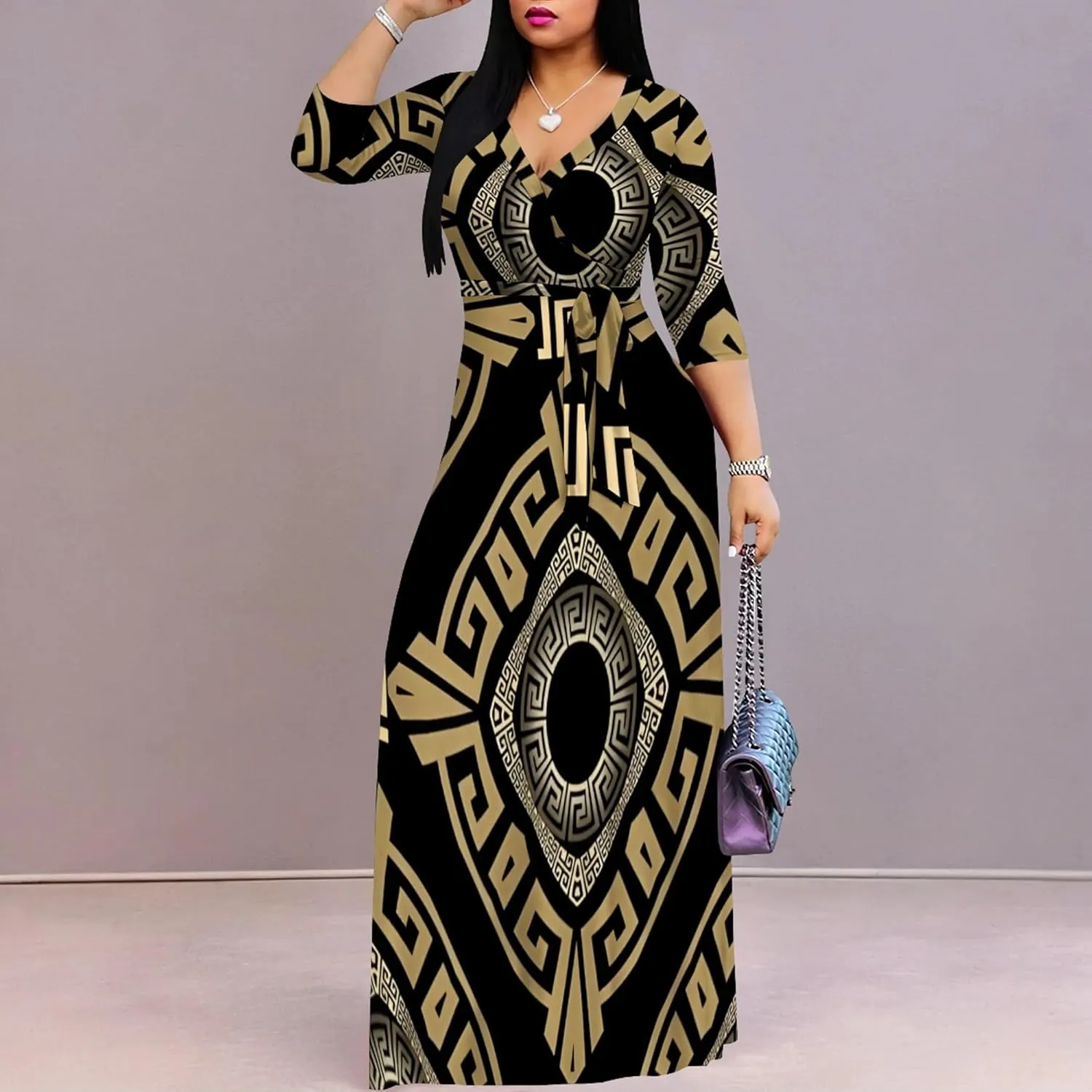 Plus Size Women's Maxi Dress Colorful Printed Maxi Dress African Tribal Style Autumn Casual Dress V Neck 3/4 Sleeves