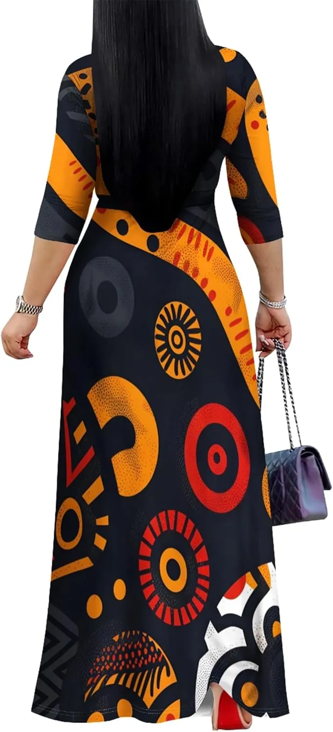 Plus Size Women's Maxi Dress Colorful Printed Maxi Dress African Tribal Style Autumn Casual Dress V Neck 3/4 Sleeves