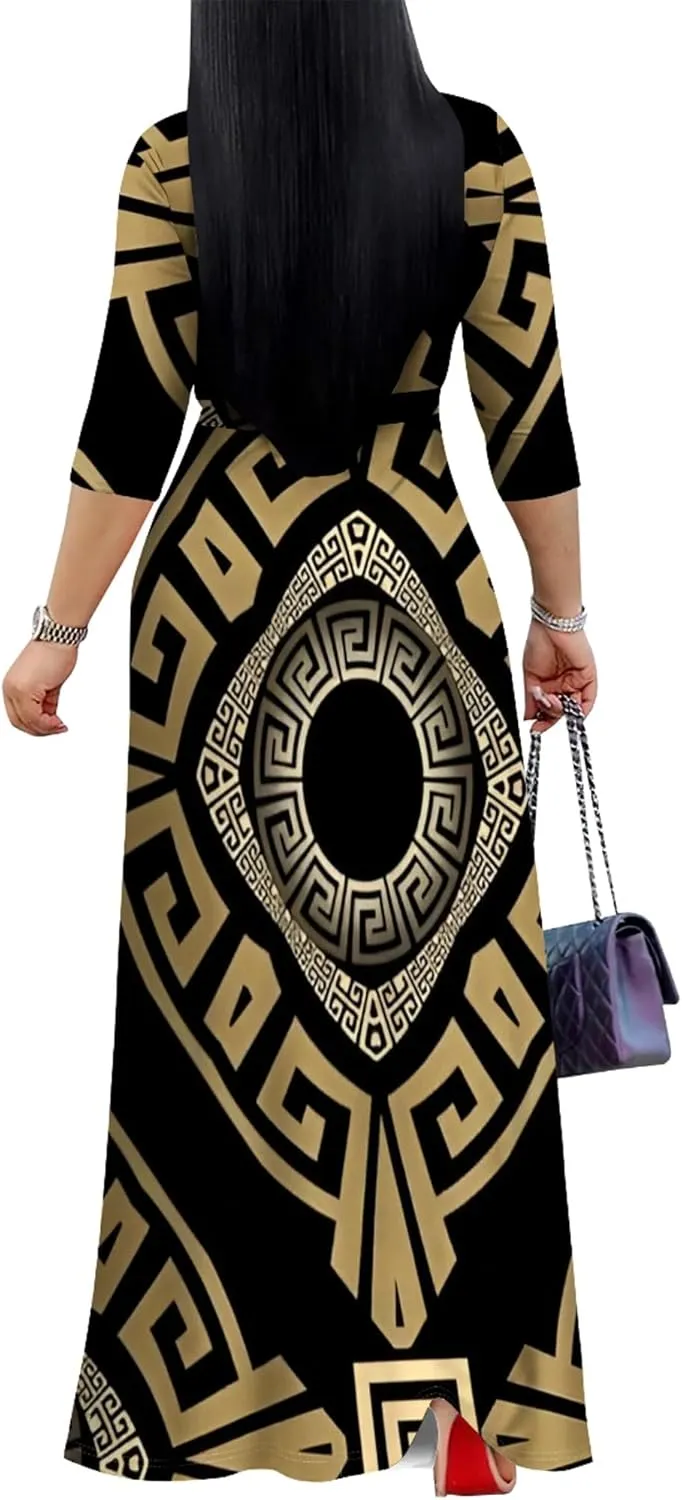 Plus Size Women's Maxi Dress Colorful Printed Maxi Dress African Tribal Style Autumn Casual Dress V Neck 3/4 Sleeves