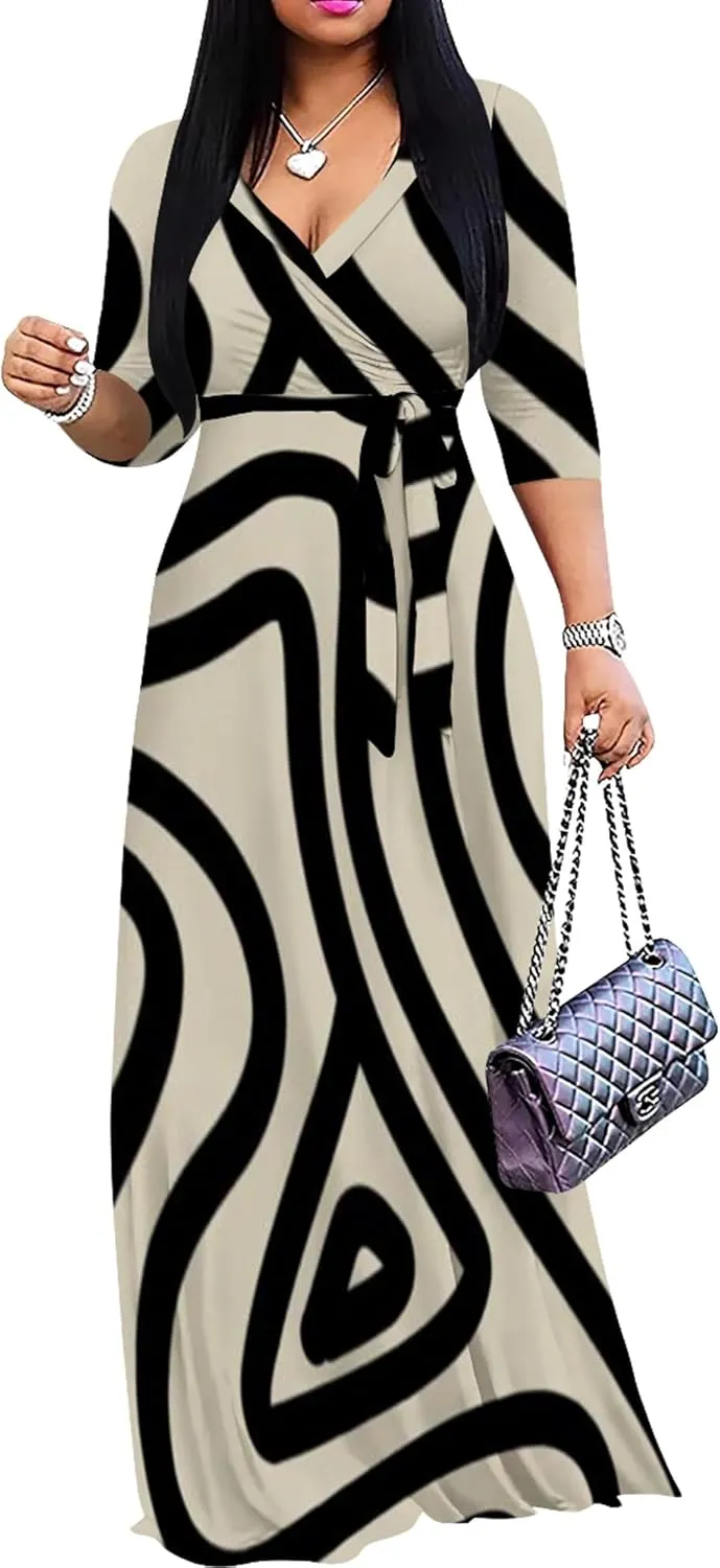 Plus Size Women's Maxi Dress Colorful Printed Maxi Dress African Tribal Style Autumn Casual Dress V Neck 3/4 Sleeves