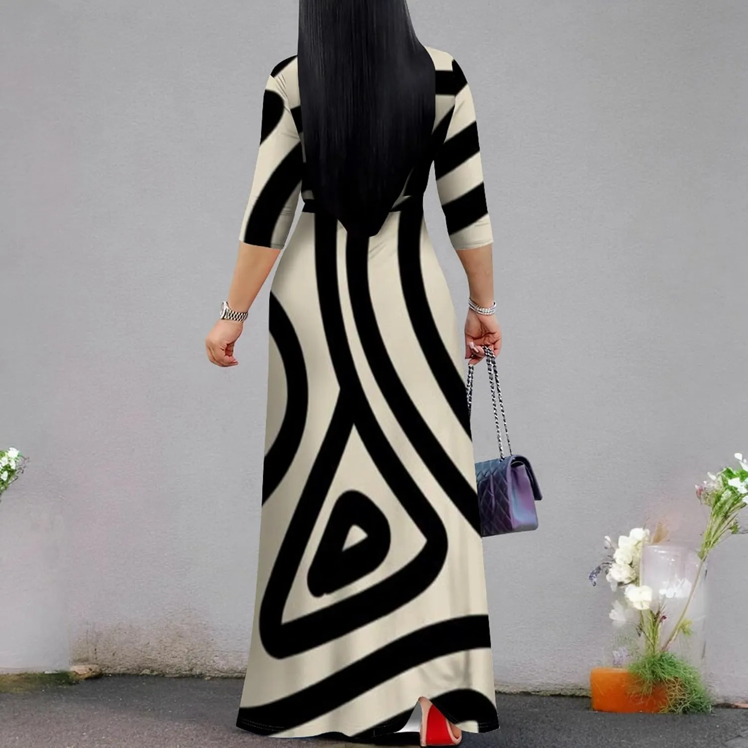 Plus Size Women's Maxi Dress Colorful Printed Maxi Dress African Tribal Style Autumn Casual Dress V Neck 3/4 Sleeves