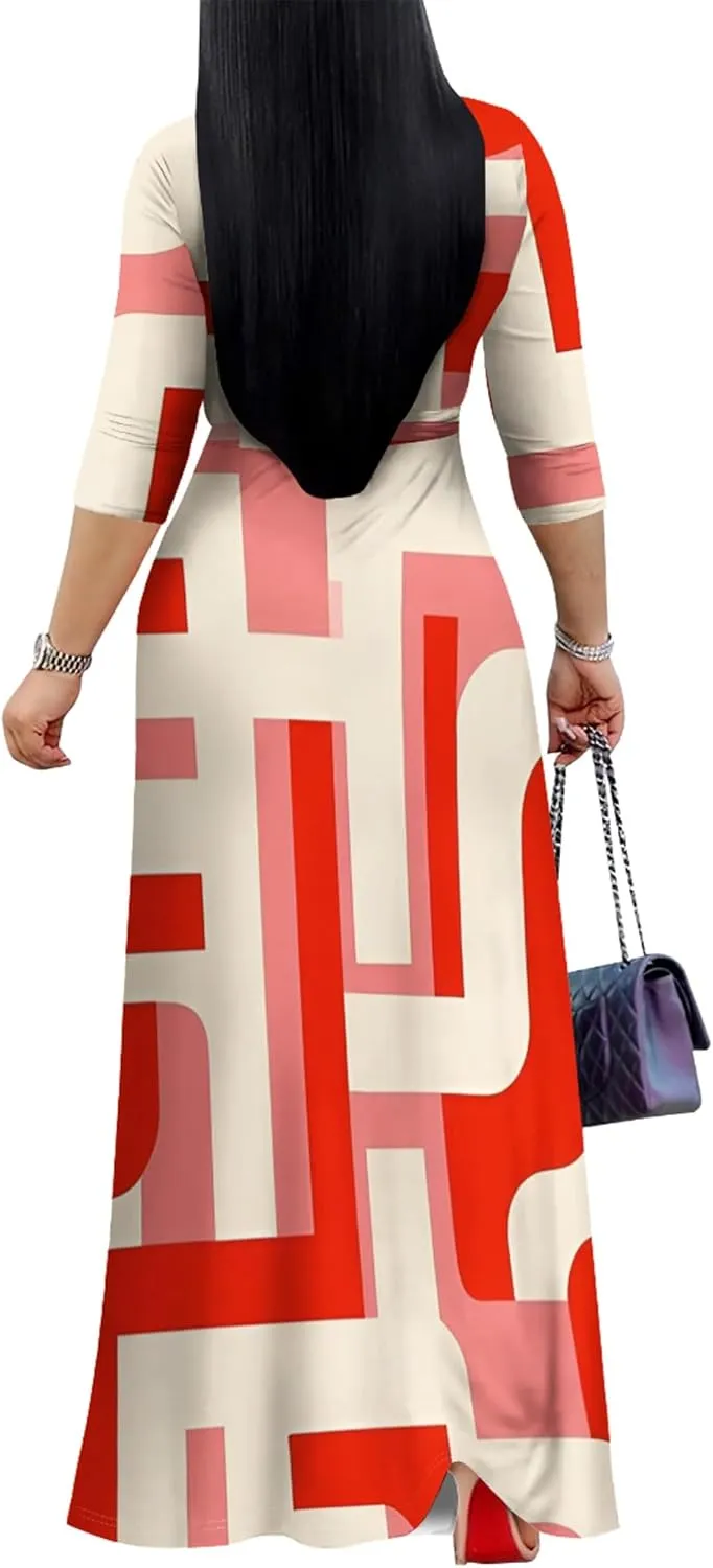 Plus Size Women's Maxi Dress Colorful Printed Maxi Dress African Tribal Style Autumn Casual Dress V Neck 3/4 Sleeves