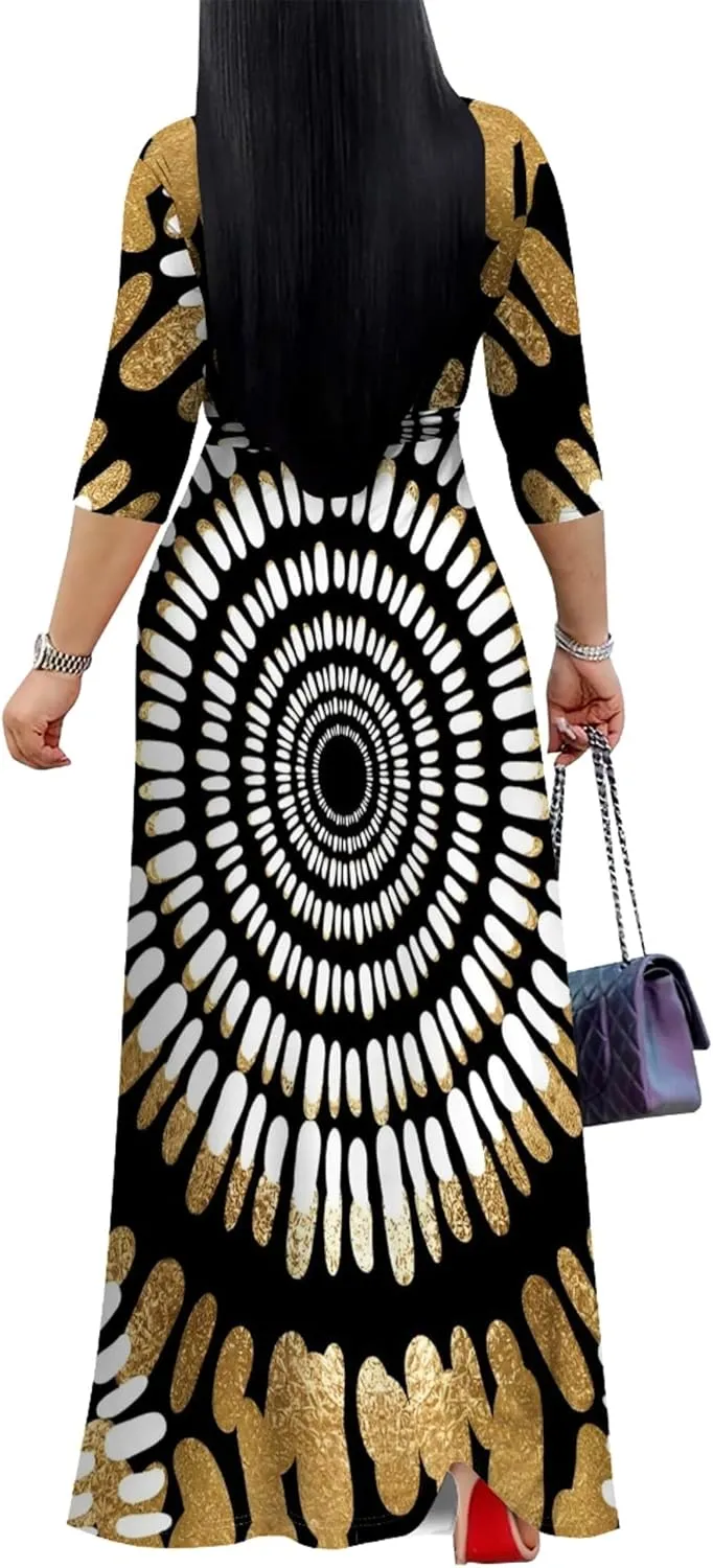 Plus Size Women's Maxi Dress Colorful Printed Maxi Dress African Tribal Style Autumn Casual Dress V Neck 3/4 Sleeves