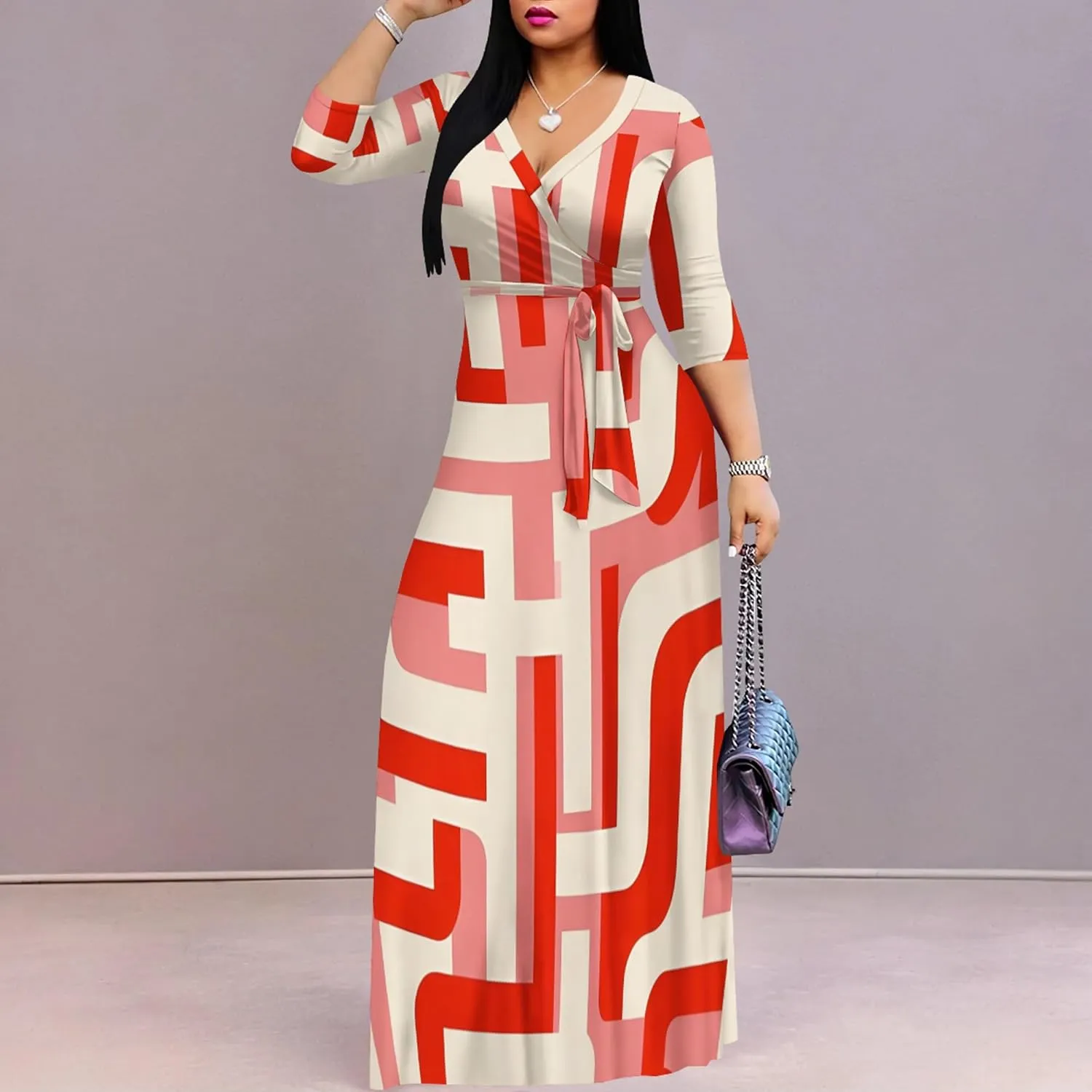 Plus Size Women's Maxi Dress Colorful Printed Maxi Dress African Tribal Style Autumn Casual Dress V Neck 3/4 Sleeves