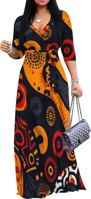 Plus Size Women's Maxi Dress Colorful Printed Maxi Dress African Tribal Style Autumn Casual Dress V Neck 3/4 Sleeves