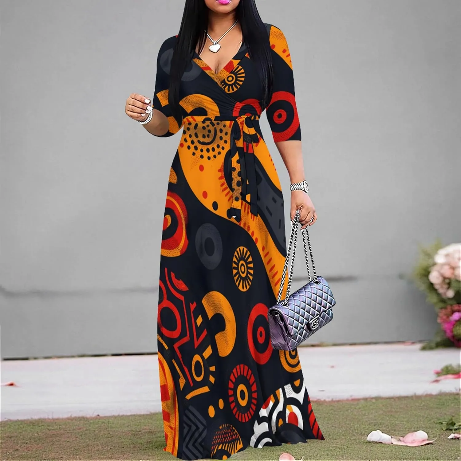 Plus Size Women's Maxi Dress Colorful Printed Maxi Dress African Tribal Style Autumn Casual Dress V Neck 3/4 Sleeves