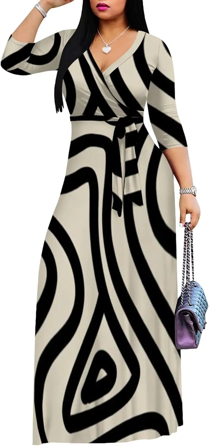 Plus Size Women's Maxi Dress Colorful Printed Maxi Dress African Tribal Style Autumn Casual Dress V Neck 3/4 Sleeves