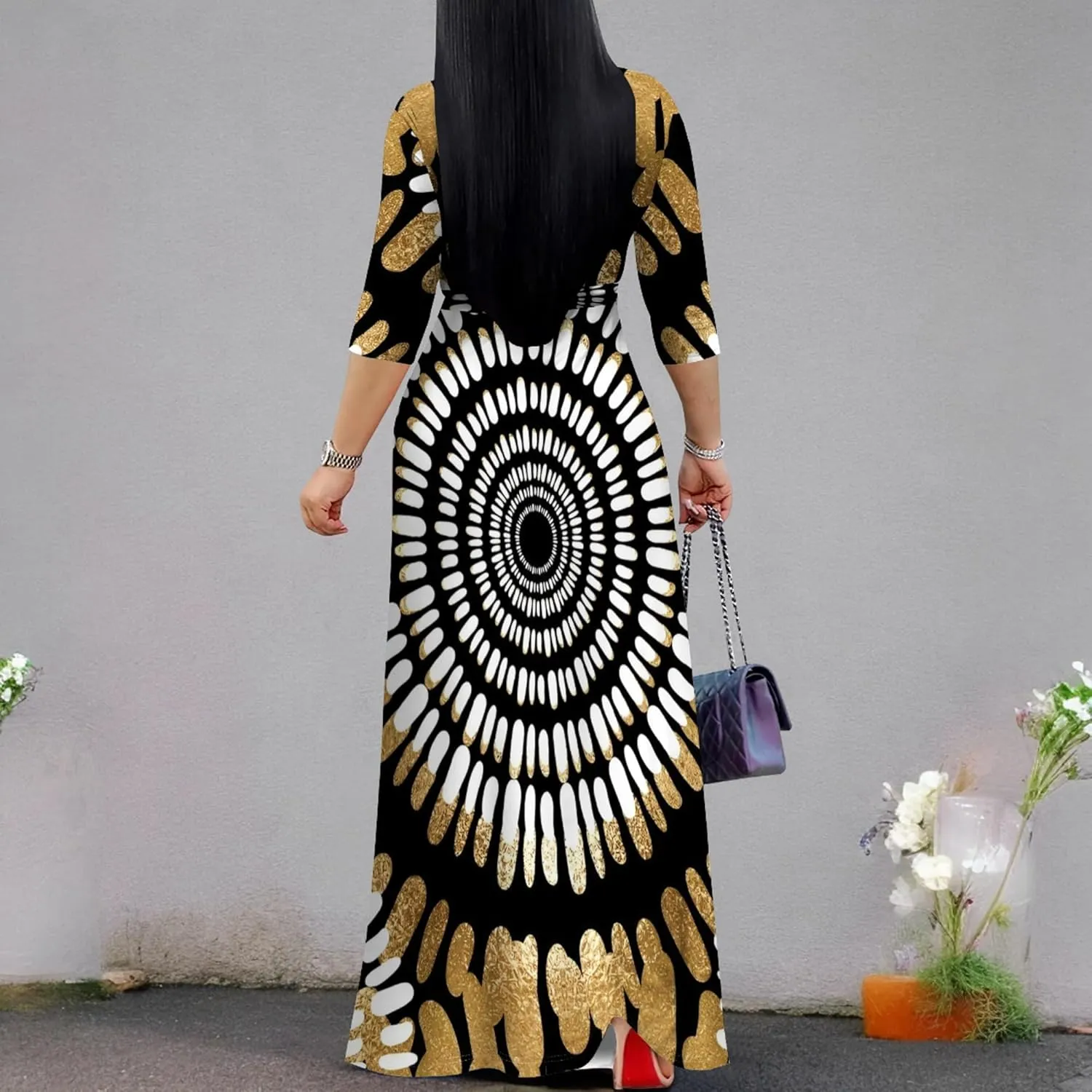 Plus Size Women's Maxi Dress Colorful Printed Maxi Dress African Tribal Style Autumn Casual Dress V Neck 3/4 Sleeves
