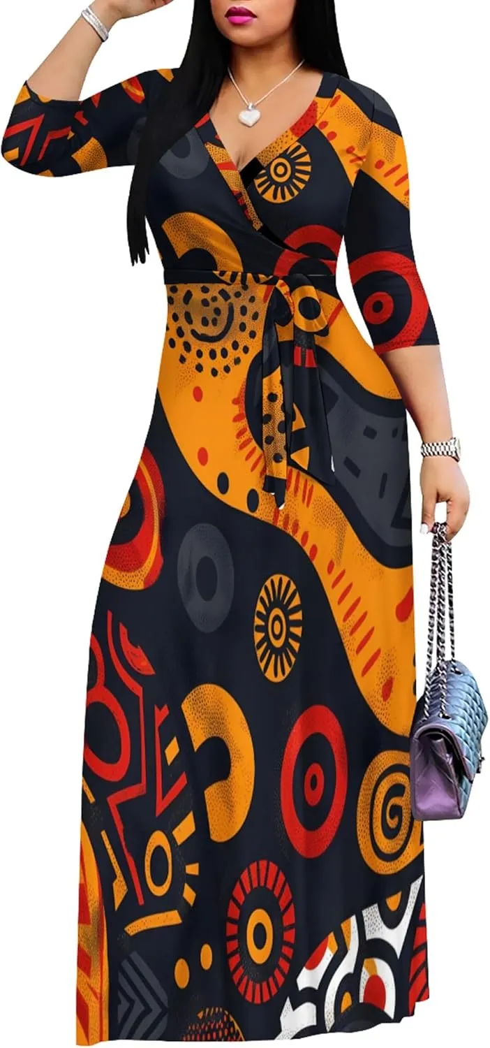 Plus Size Women's Maxi Dress Colorful Printed Maxi Dress African Tribal Style Autumn Casual Dress V Neck 3/4 Sleeves