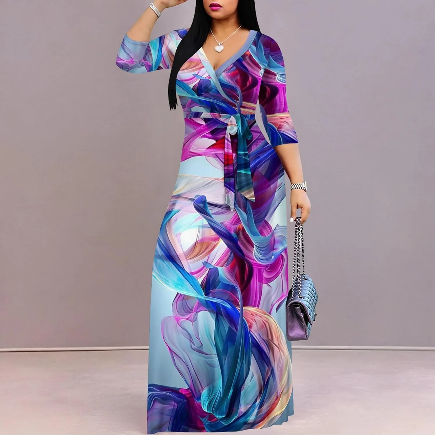 Plus Size Women's Maxi Dress Colorful Printed Maxi Dress Bohemian Casual Summer Sundress V Neck 3/4 Sleeves