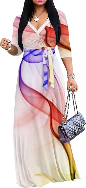 Plus Size Women's Maxi Dress Colorful Printed Maxi Dress Bohemian Casual Summer Sundress V Neck 3/4 Sleeves
