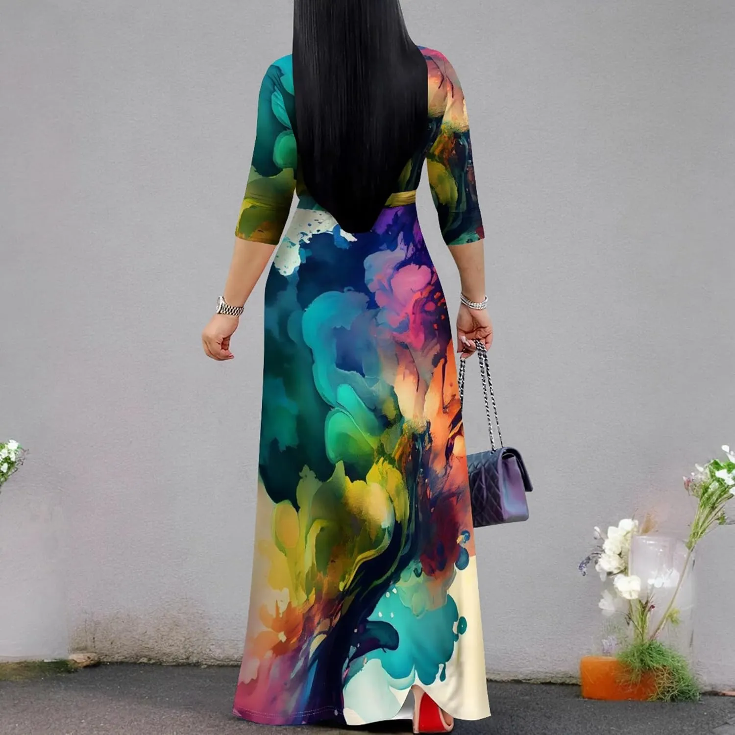 Plus Size Women's Maxi Dress Colorful Printed Maxi Dress Bohemian Casual Summer Sundress V Neck 3/4 Sleeves