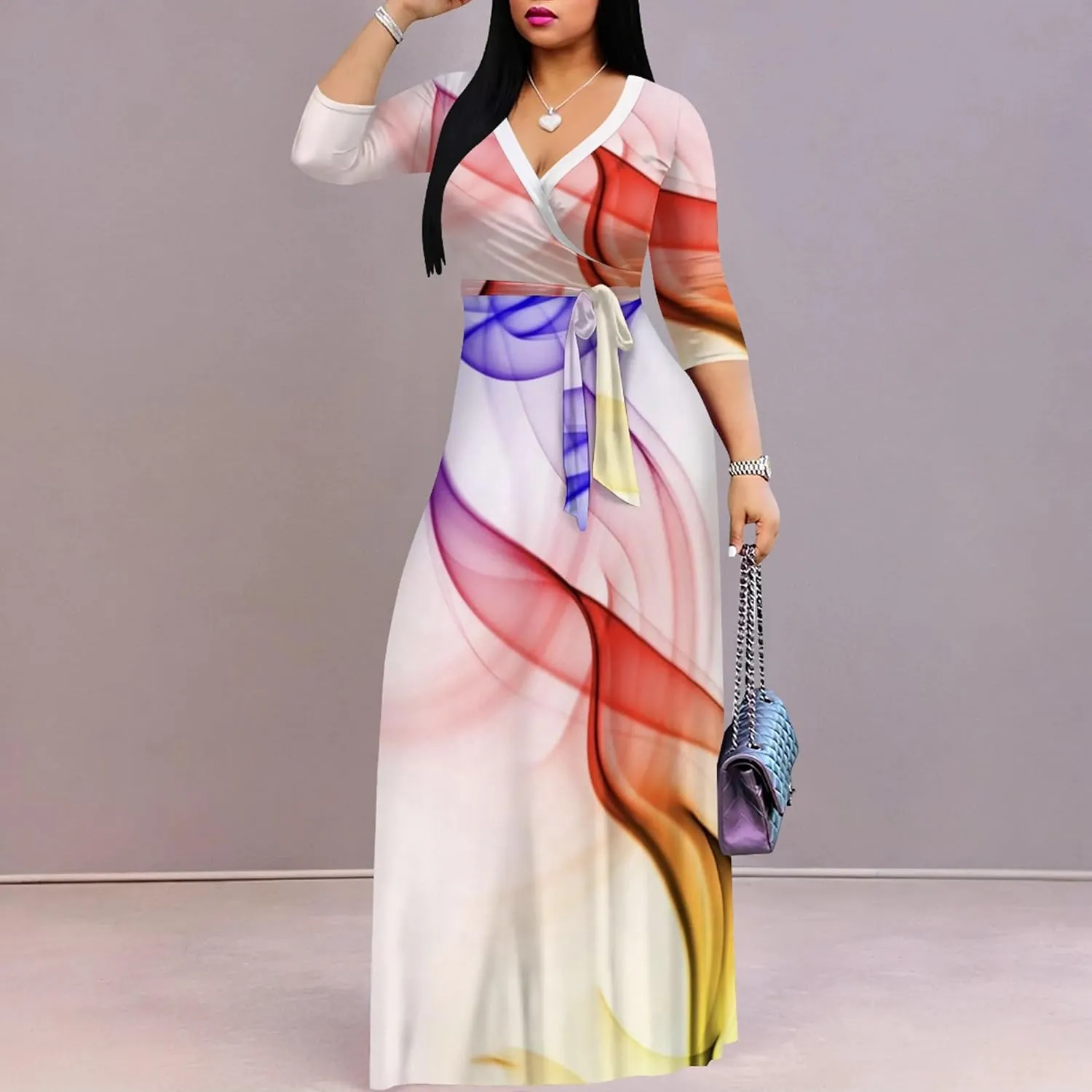 Plus Size Women's Maxi Dress Colorful Printed Maxi Dress Bohemian Casual Summer Sundress V Neck 3/4 Sleeves