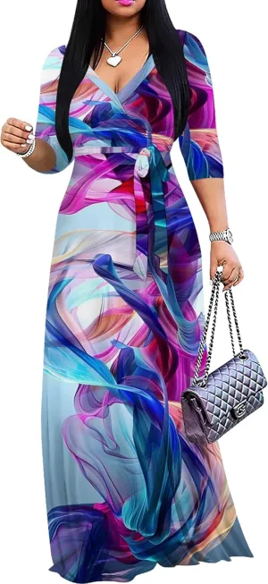 Plus Size Women's Maxi Dress Colorful Printed Maxi Dress Bohemian Casual Summer Sundress V Neck 3/4 Sleeves