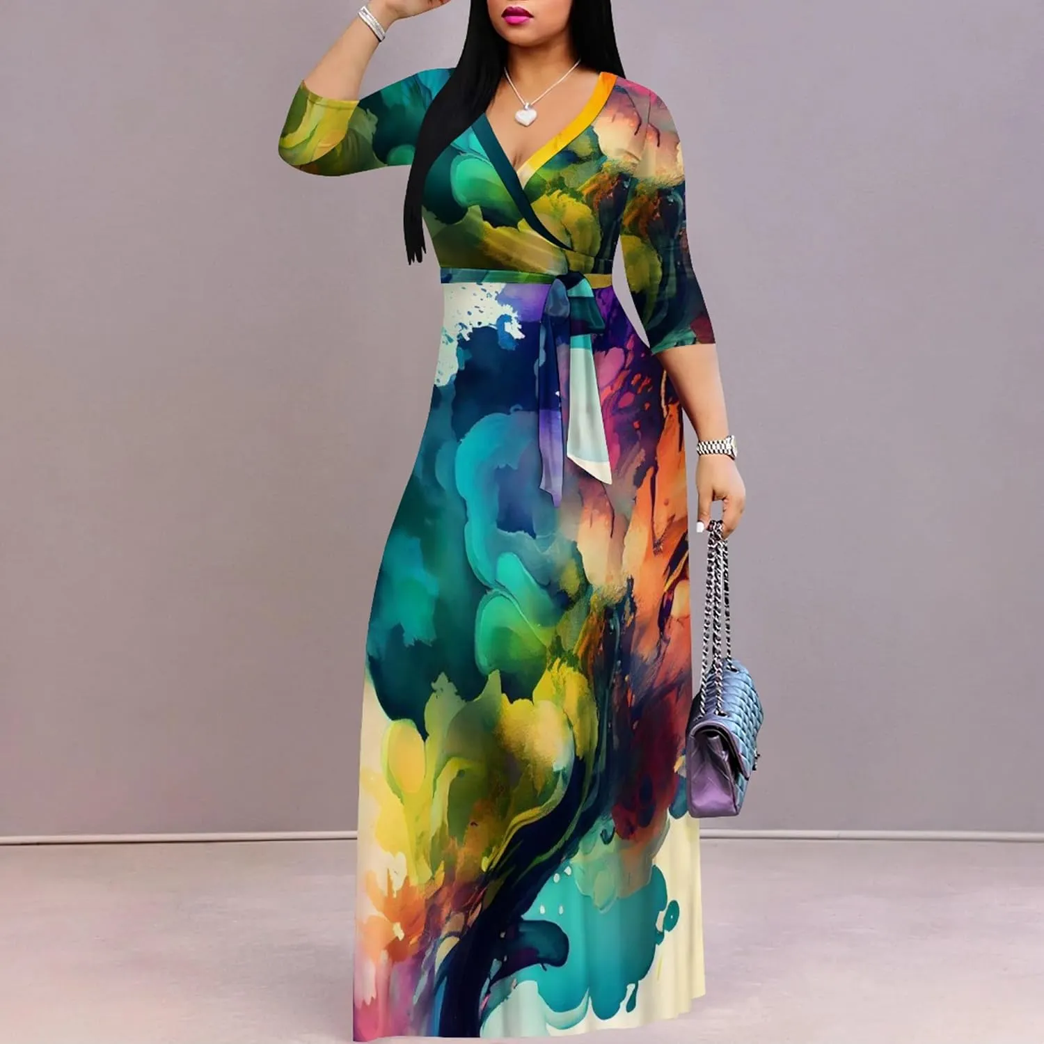 Plus Size Women's Maxi Dress Colorful Printed Maxi Dress Bohemian Casual Summer Sundress V Neck 3/4 Sleeves