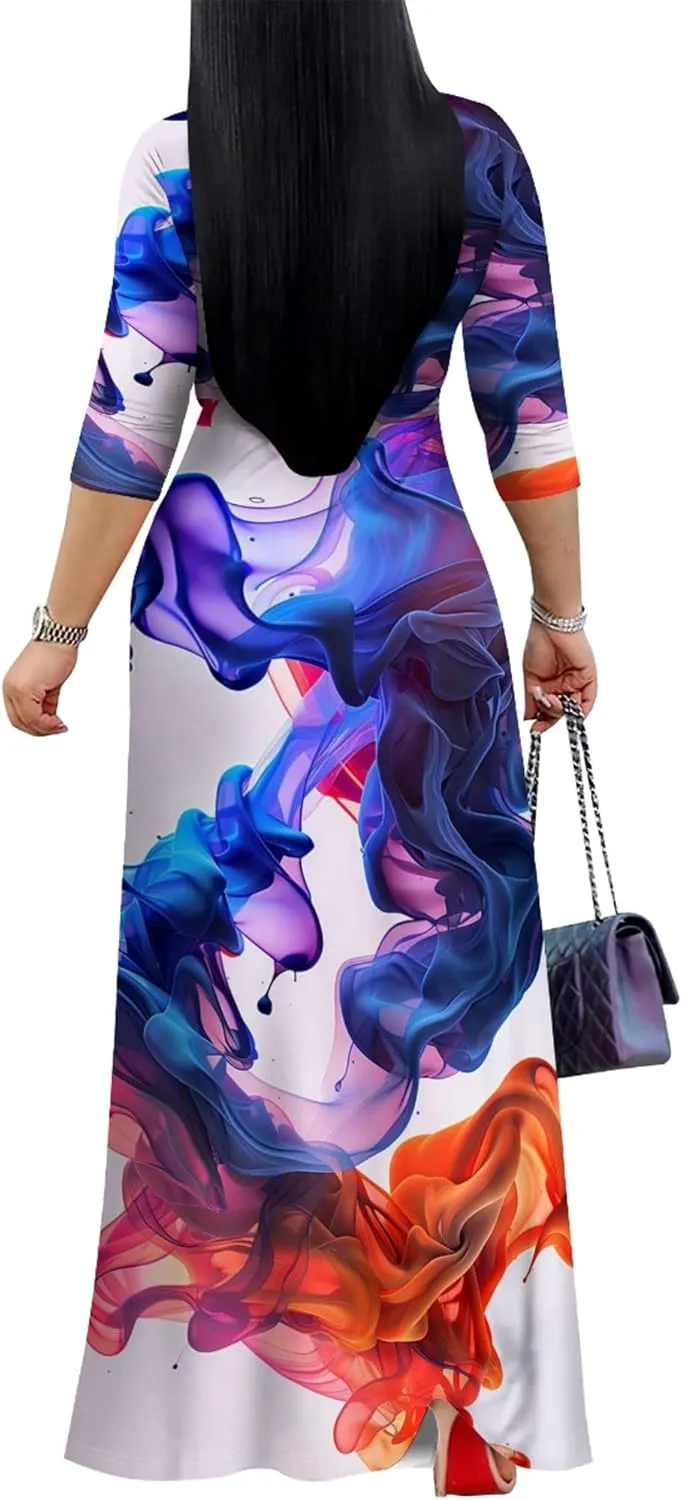 Plus Size Women's Maxi Dress Colorful Printed Maxi Dress Bohemian Casual Summer Sundress V Neck 3/4 Sleeves