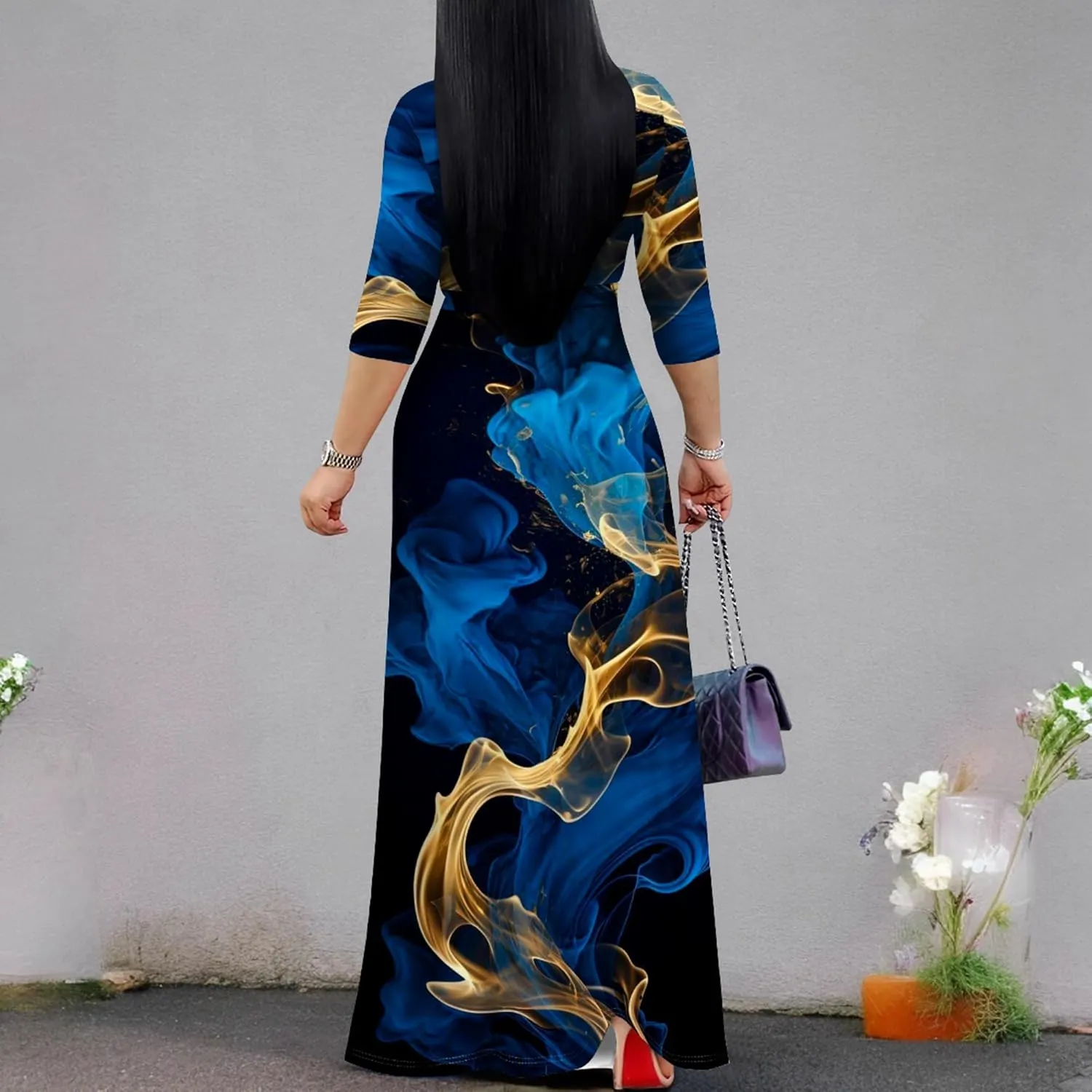 Plus Size Women's Maxi Dress Colorful Printed Maxi Dress Bohemian Casual Summer Sundress V Neck 3/4 Sleeves
